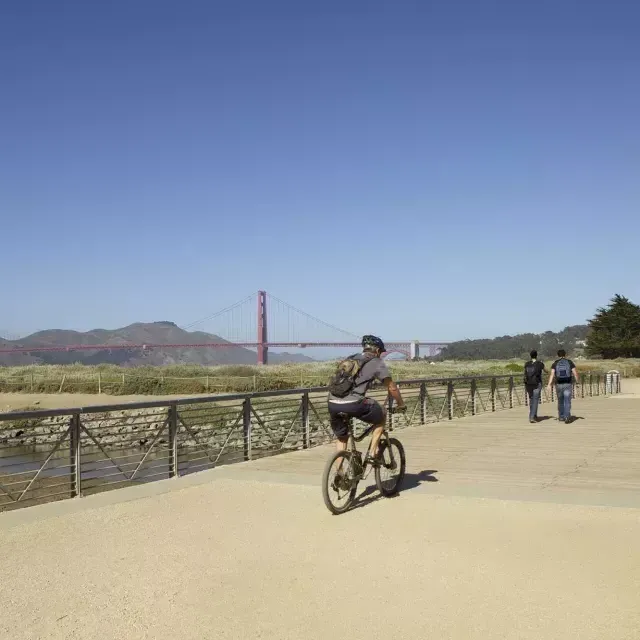 一名男子骑着自行车沿着克里西菲尔德的一条小路. 贝博体彩app，加利福尼亚.